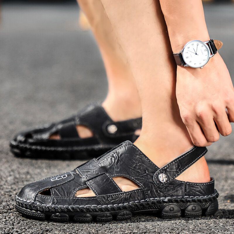 Herren Handgenähte Rutschfeste Outdoor Casual Sandalen Aus Rindsleder