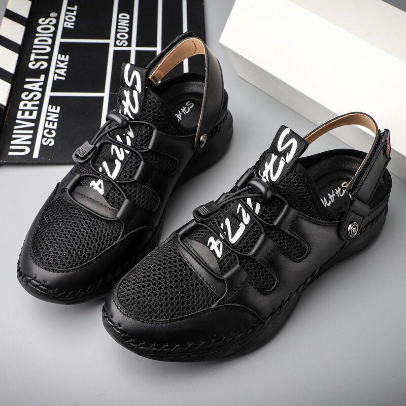 Herren Leder Mesh Atmungsaktive Handnähte Weiche Sohle Geschlossene Zehen Elastische Schnürsenkel Outdoor Freizeitsandalen