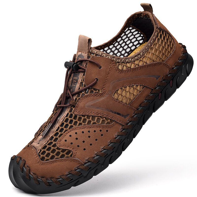 Herren Leder Mesh Atmungsaktive Handnähte Weiche Unterseite Lässige Outdoor Sandalen