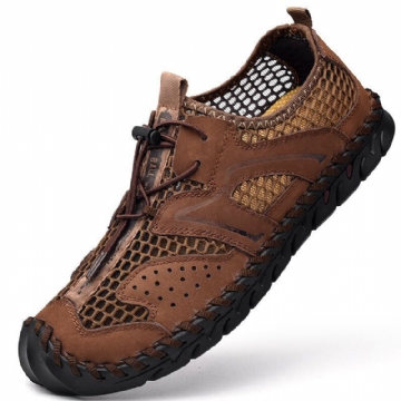 Herren Leder Mesh Atmungsaktive Handnähte Weiche Unterseite Lässige Outdoor Sandalen