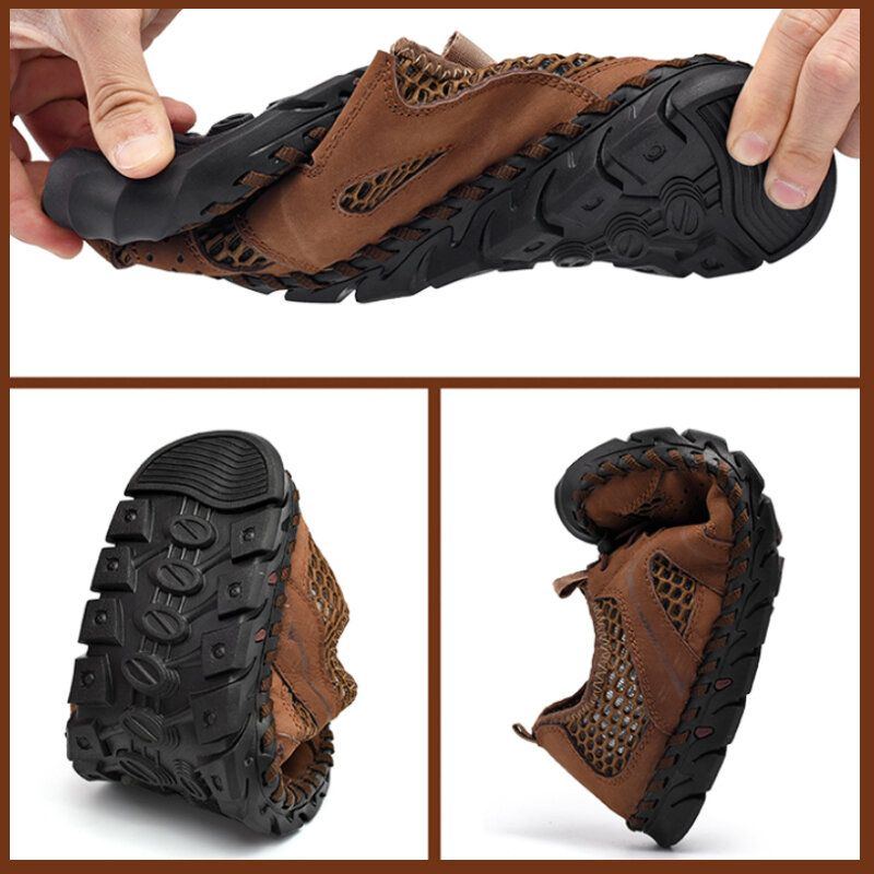 Herren Leder Mesh Atmungsaktive Handnähte Weiche Unterseite Lässige Outdoor Sandalen