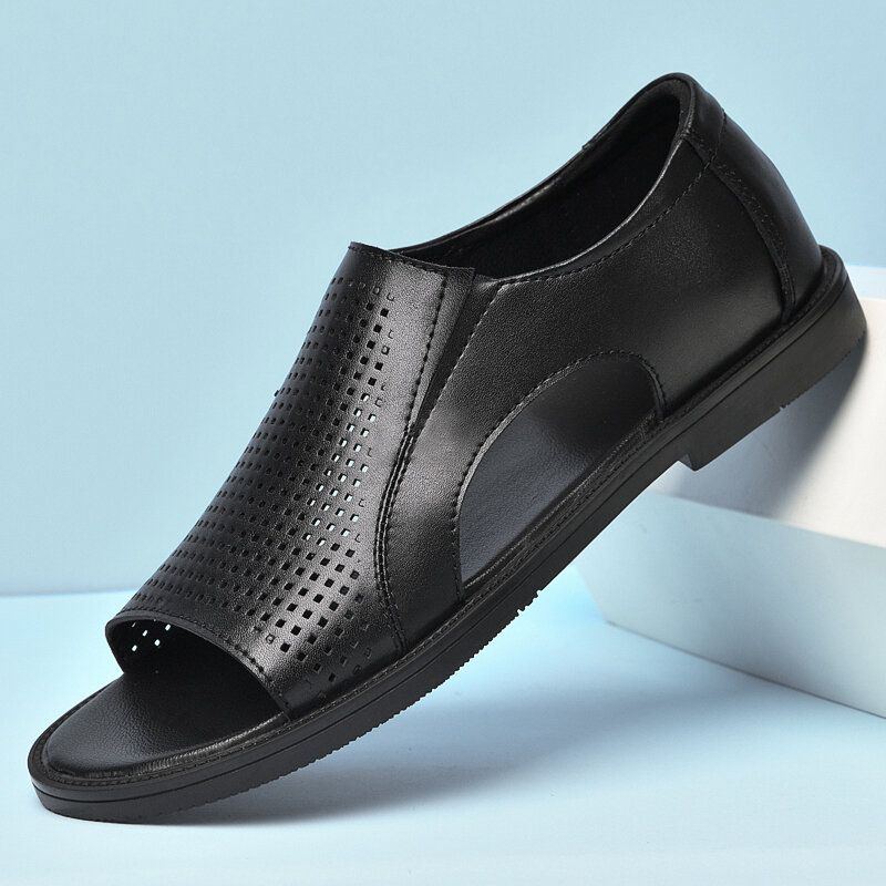 Herren Rindsleder Atmungsaktiv Aushöhlen Weicher Boden Geöffneter Zeh Slip On Freizeitsandalen