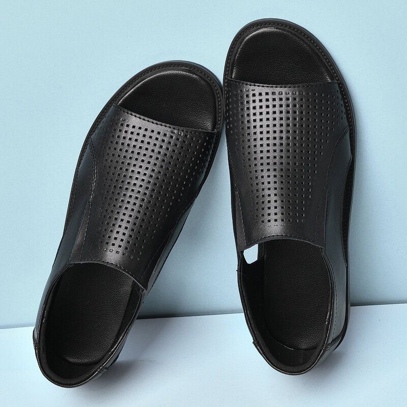 Herren Rindsleder Atmungsaktiv Aushöhlen Weicher Boden Geöffneter Zeh Slip On Freizeitsandalen