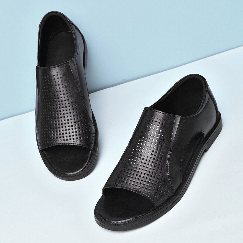 Herren Rindsleder Atmungsaktiv Aushöhlen Weicher Boden Geöffneter Zeh Slip On Freizeitsandalen