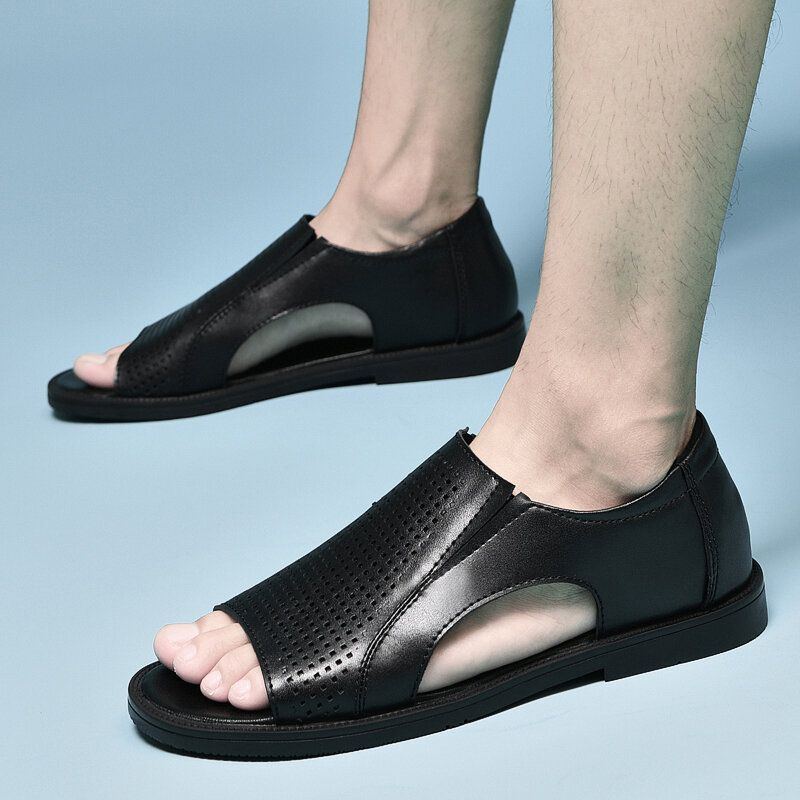 Herren Rindsleder Atmungsaktiv Aushöhlen Weicher Boden Geöffneter Zeh Slip On Freizeitsandalen