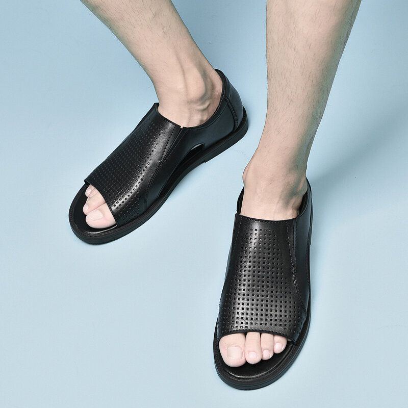 Herren Rindsleder Atmungsaktiv Aushöhlen Weicher Boden Geöffneter Zeh Slip On Freizeitsandalen