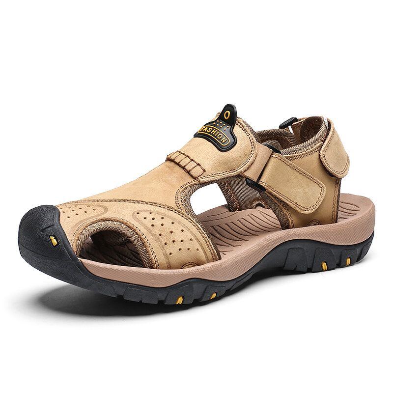 Herren Rindsleder Atmungsaktiv Weicher Boden Rutschfeste Geschlossene Zehenhakenschlaufe Lässige Outdoor Sandalen