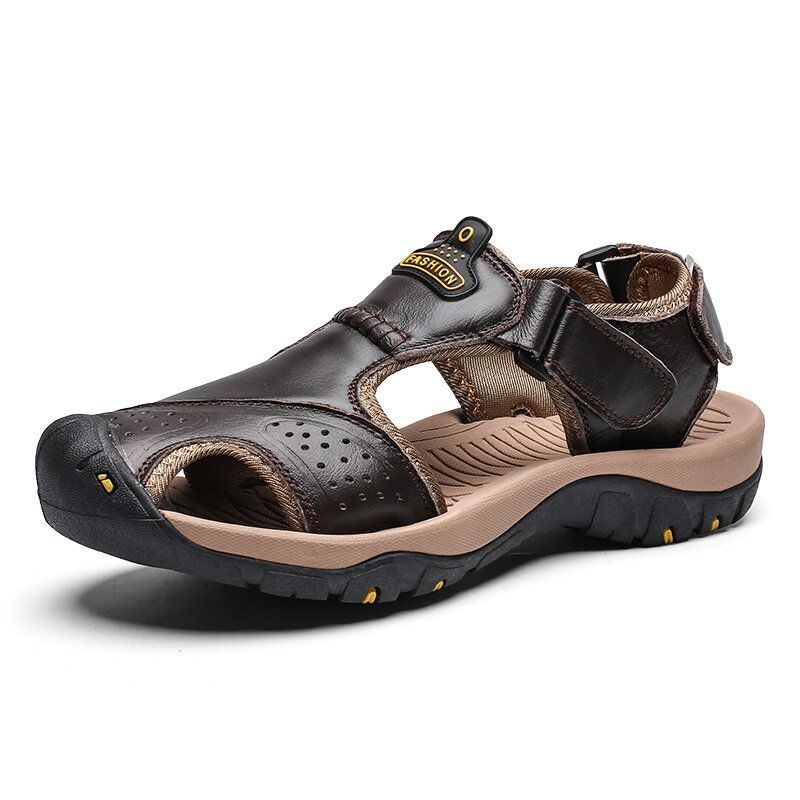 Herren Rindsleder Atmungsaktiv Weicher Boden Rutschfeste Geschlossene Zehenhakenschlaufe Lässige Outdoor Sandalen