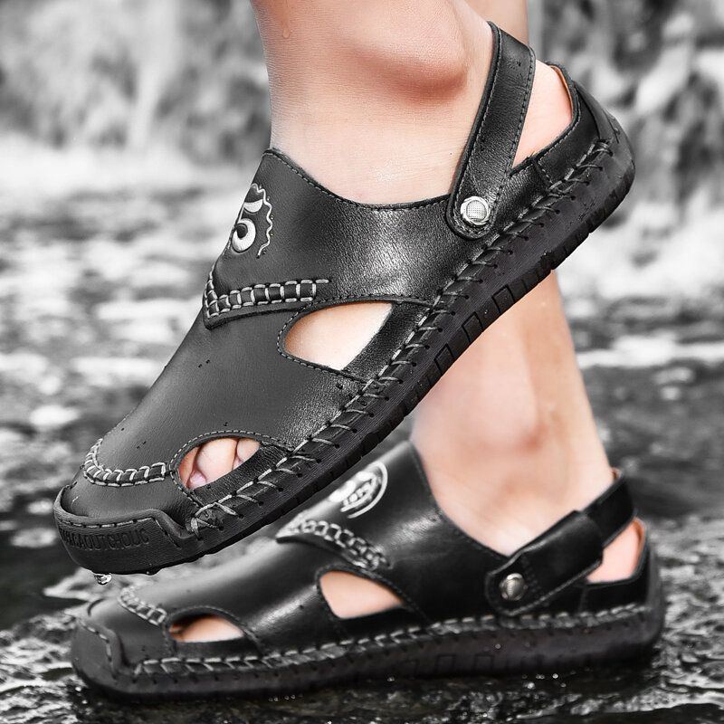 Herren Rindsleder Atmungsaktive Handnähte Weicher Boden Bequeme Outdoor Freizeitsandalen