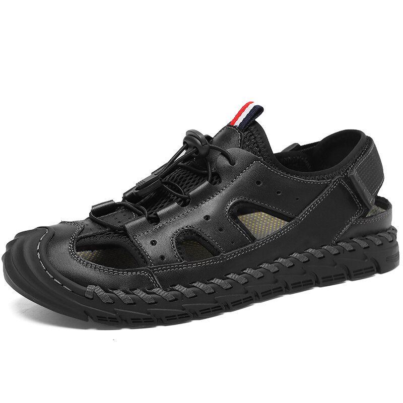 Herren Rindsleder Atmungsaktives Mesh Handnähte Rutschfeste Weiche Lässige Outdoor Sandalen