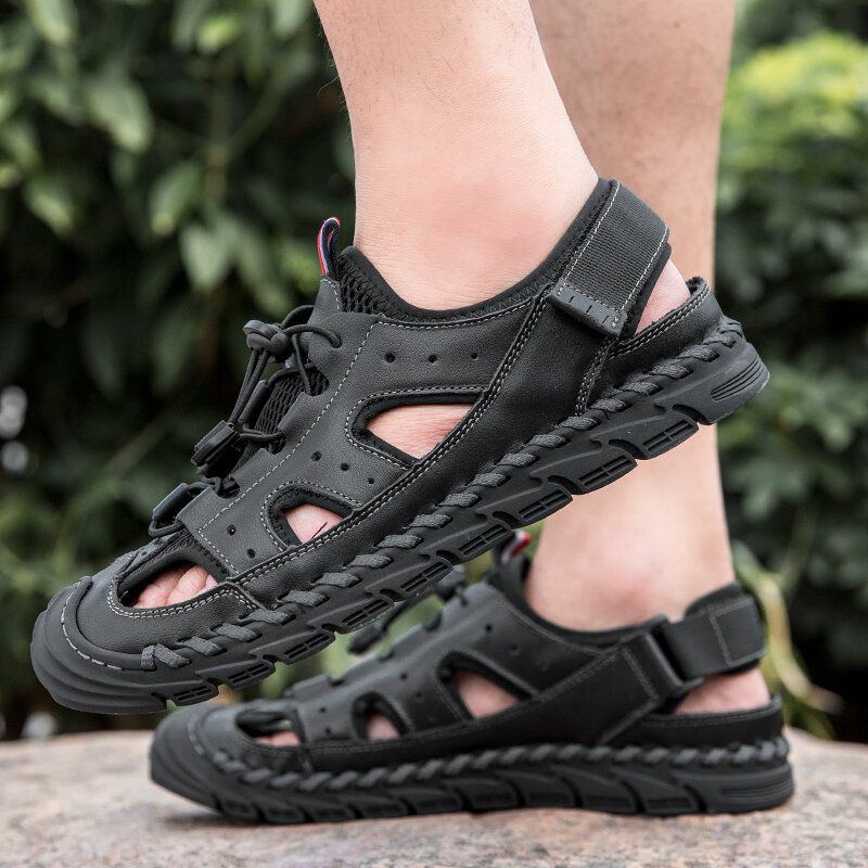 Herren Rindsleder Atmungsaktives Mesh Handnähte Rutschfeste Weiche Lässige Outdoor Sandalen