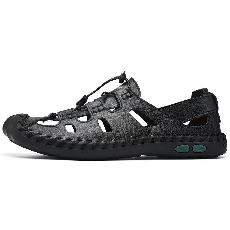 Herren Rindsleder Aushöhlen Handnähte Weiche Sohle Rutschfeste Bequeme Lässige Outdoor Sandalen