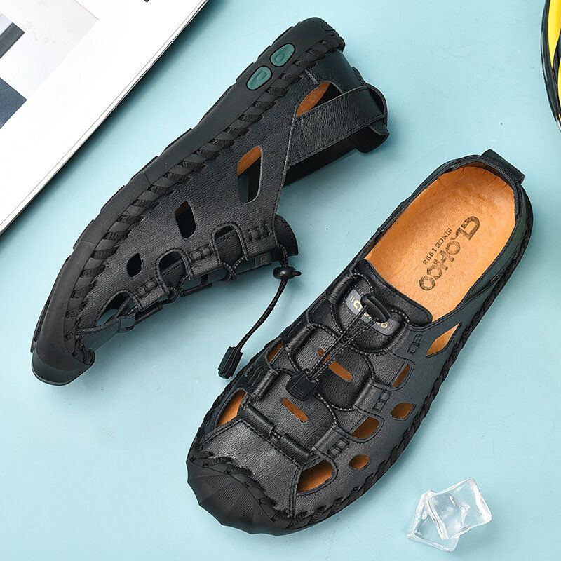 Herren Rindsleder Aushöhlen Handnähte Weiche Sohle Rutschfeste Bequeme Lässige Outdoor Sandalen