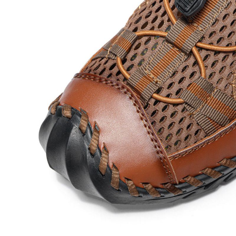 Herren Rindsleder Handnähte Mesh Atmungsaktive Weiche Unterseite Lässige Outdoor Sandalen