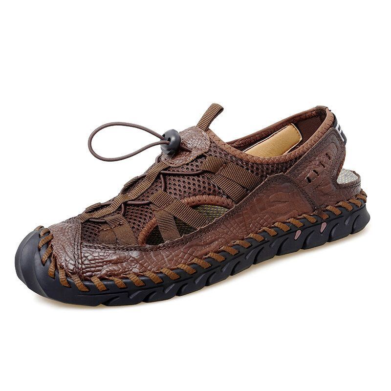 Herren Rindsleder Mesh Atmungsaktive Geschlossene Zehen Rutschfeste Weiche Lässige Outdoor Sandalen