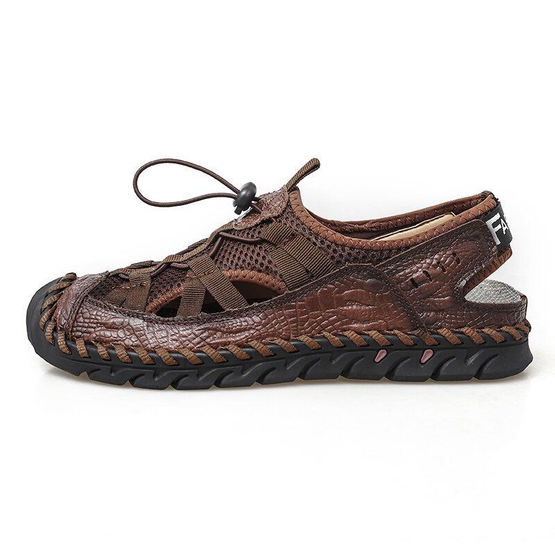 Herren Rindsleder Mesh Atmungsaktive Geschlossene Zehen Rutschfeste Weiche Lässige Outdoor Sandalen