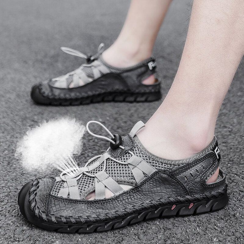 Herren Rindsleder Mesh Atmungsaktive Geschlossene Zehen Rutschfeste Weiche Lässige Outdoor Sandalen