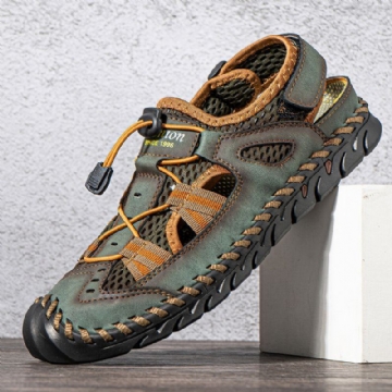 Herren Rindsleder Mesh Atmungsaktive Handnähte Weicher Boden Geschlossene Zehen Strand Lässige Outdoor Sandalen