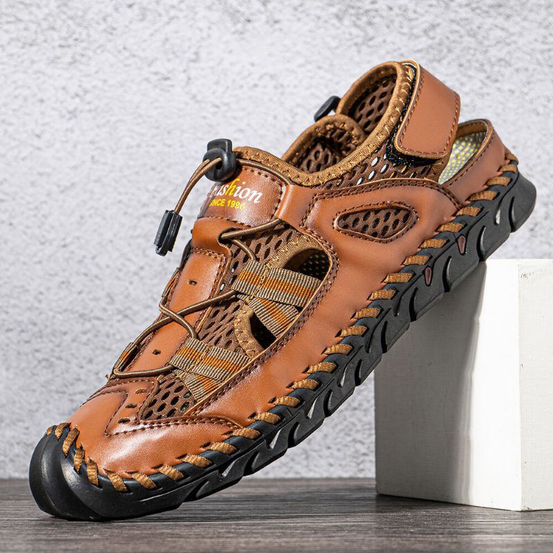 Herren Rindsleder Mesh Atmungsaktive Handnähte Weicher Boden Geschlossene Zehen Strand Lässige Outdoor Sandalen