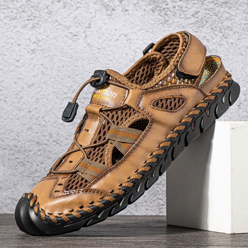 Herren Rindsleder Mesh Atmungsaktive Handnähte Weicher Boden Geschlossene Zehen Strand Lässige Outdoor Sandalen