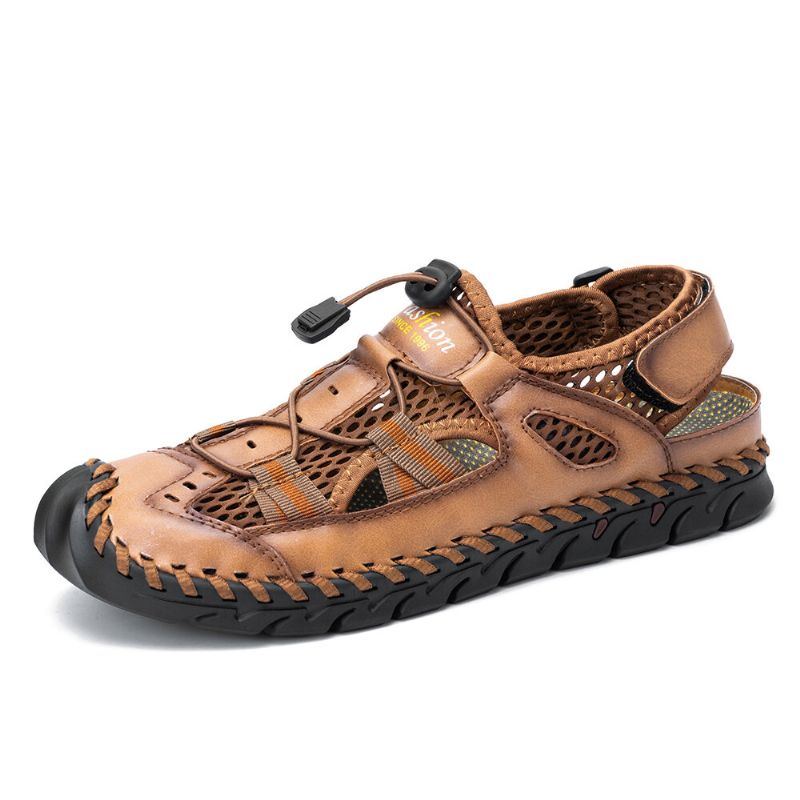 Herren Rindsleder Mesh Atmungsaktive Handnähte Weicher Boden Geschlossene Zehen Strand Lässige Outdoor Sandalen