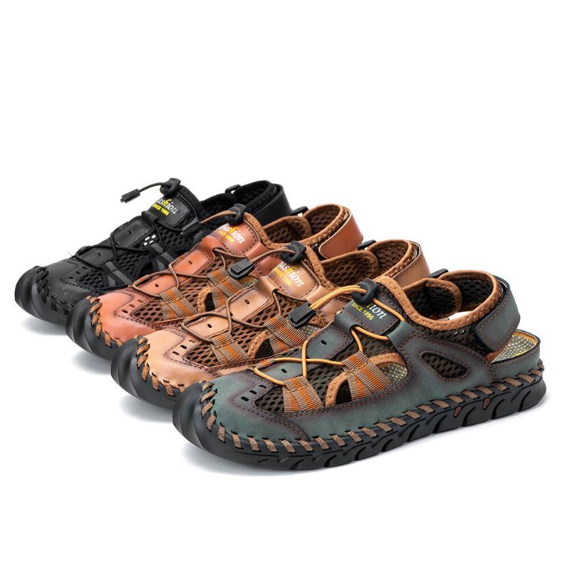 Herren Rindsleder Mesh Atmungsaktive Handnähte Weicher Boden Geschlossene Zehen Strand Lässige Outdoor Sandalen