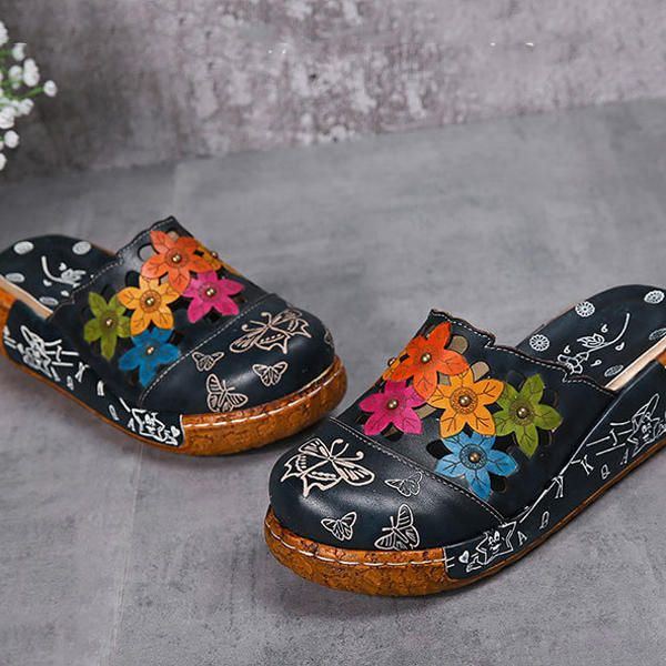 Original Flower Wedge Retro Echtlederschuhe Für Damen