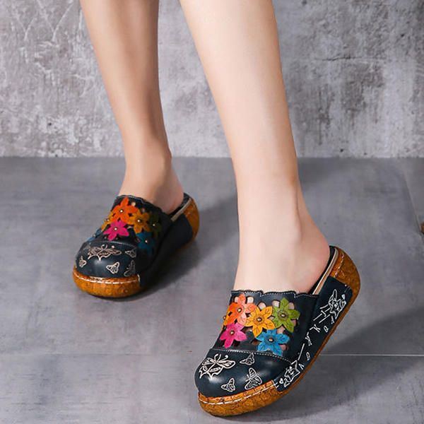 Original Flower Wedge Retro Echtlederschuhe Für Damen