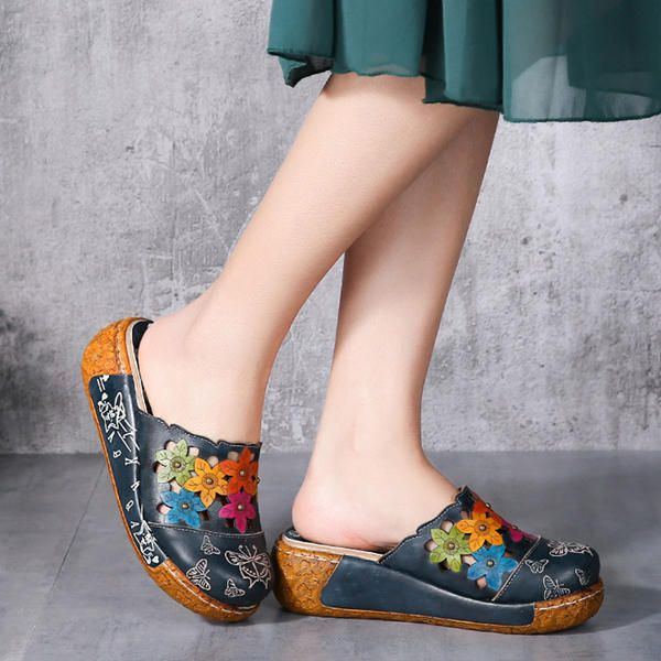 Original Flower Wedge Retro Echtlederschuhe Für Damen