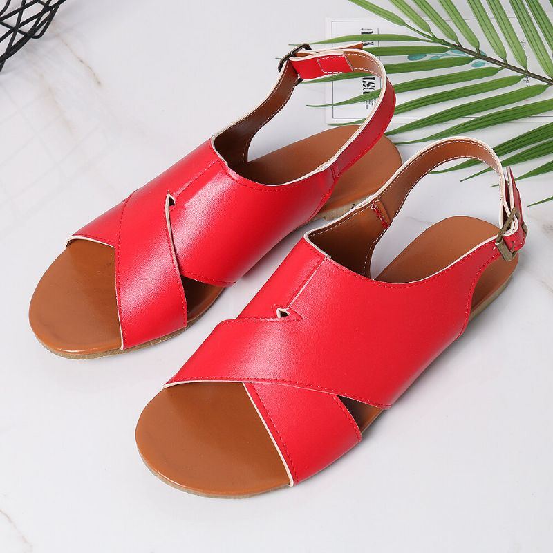 Wome Beach Peep Toe Cross Buckle Flats Sandalen Für Damen