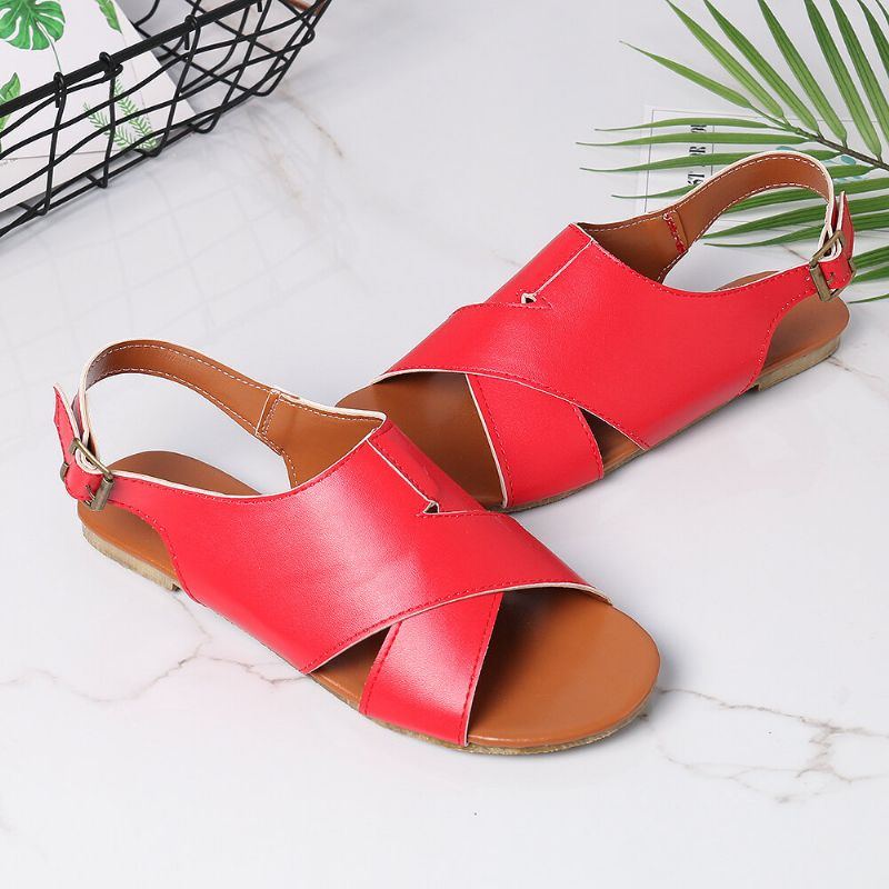 Wome Beach Peep Toe Cross Buckle Flats Sandalen Für Damen