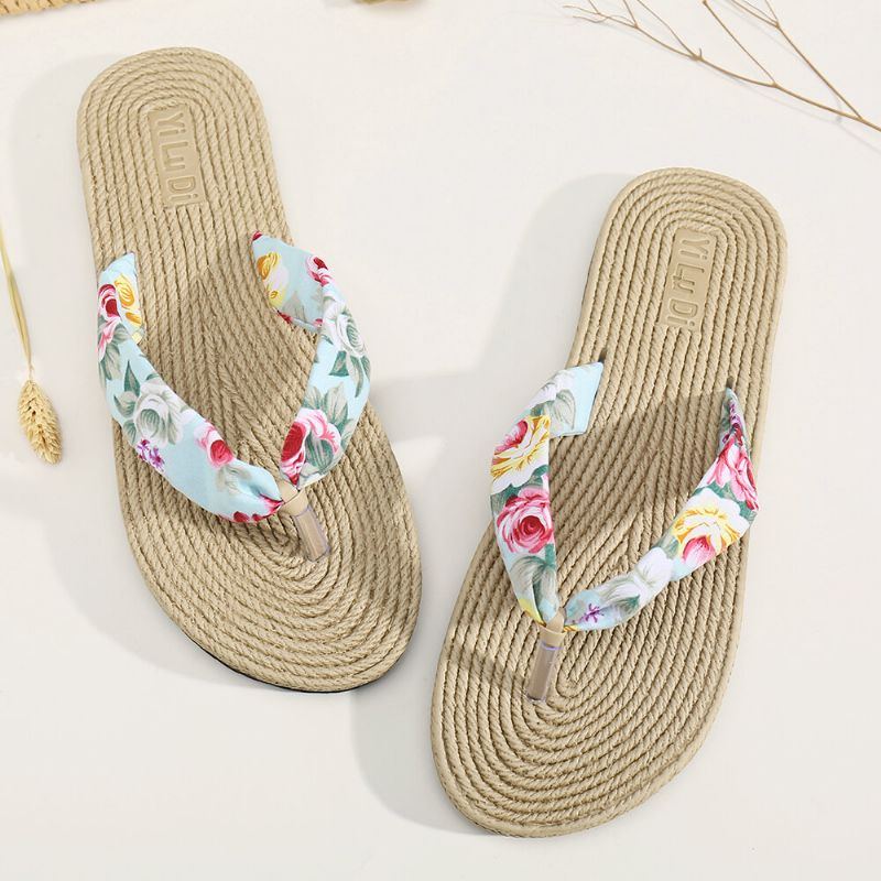 Womens Clip Toe Floral Massage Soles Beach Flats Sandalen