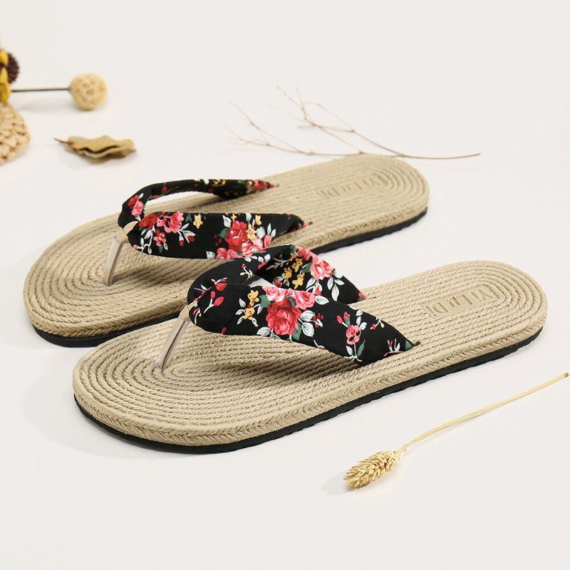 Womens Clip Toe Floral Massage Soles Beach Flats Sandalen