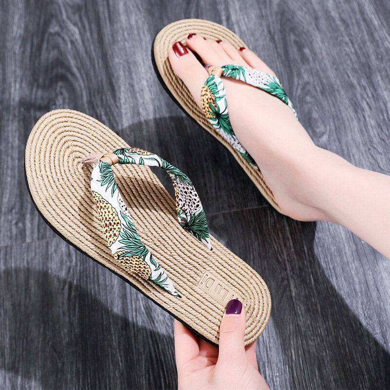 Womens Clip Toe Floral Massage Soles Beach Flats Sandalen