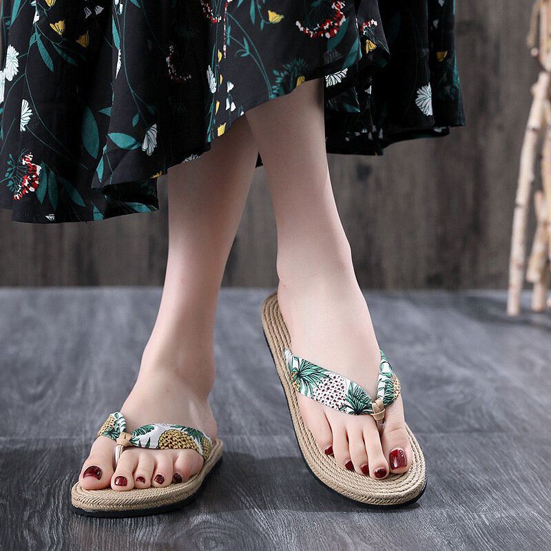 Womens Clip Toe Floral Massage Soles Beach Flats Sandalen