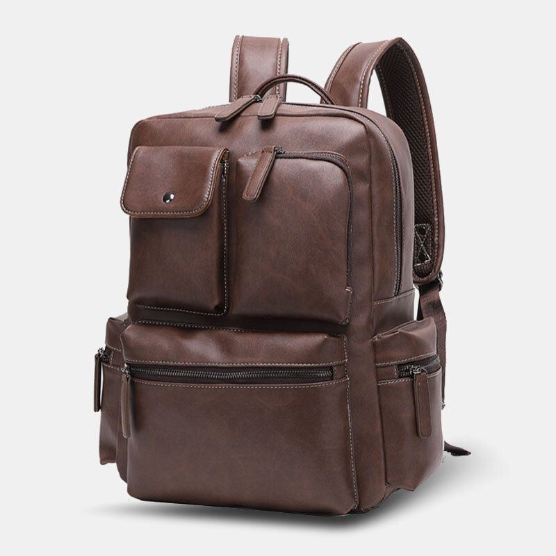 Atmungsaktiver Rucksack Aus Pu Leder Mit Mehreren Taschen Retro Laptoptasche Mit Großer Kapazität 14 Zoll