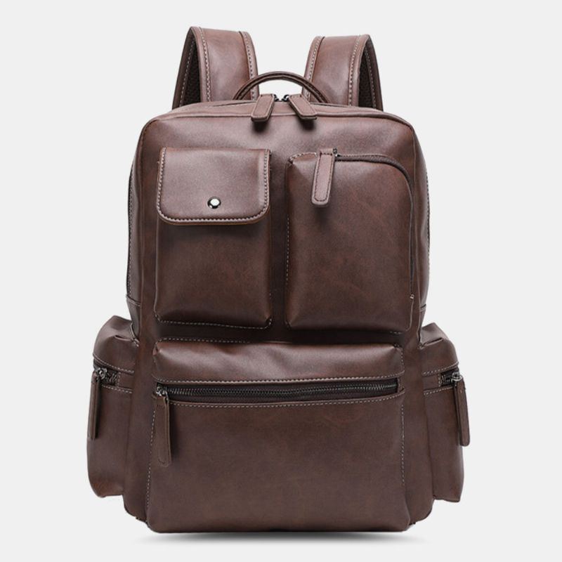 Atmungsaktiver Rucksack Aus Pu Leder Mit Mehreren Taschen Retro Laptoptasche Mit Großer Kapazität 14 Zoll