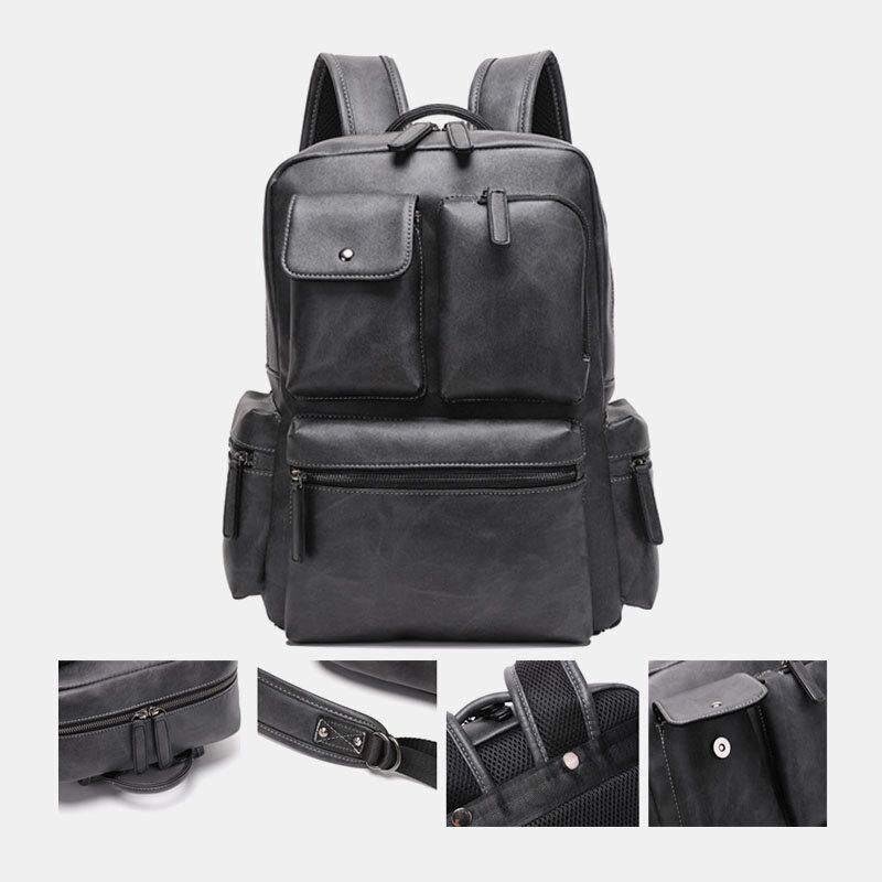 Atmungsaktiver Rucksack Aus Pu Leder Mit Mehreren Taschen Retro Laptoptasche Mit Großer Kapazität 14 Zoll