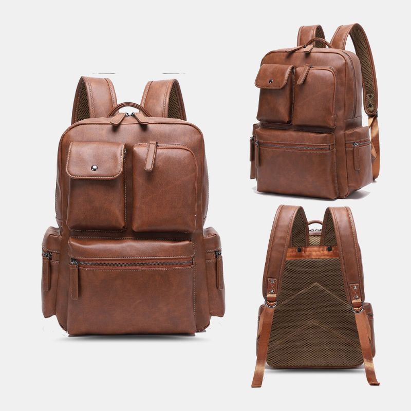 Atmungsaktiver Rucksack Aus Pu Leder Mit Mehreren Taschen Retro Laptoptasche Mit Großer Kapazität 14 Zoll