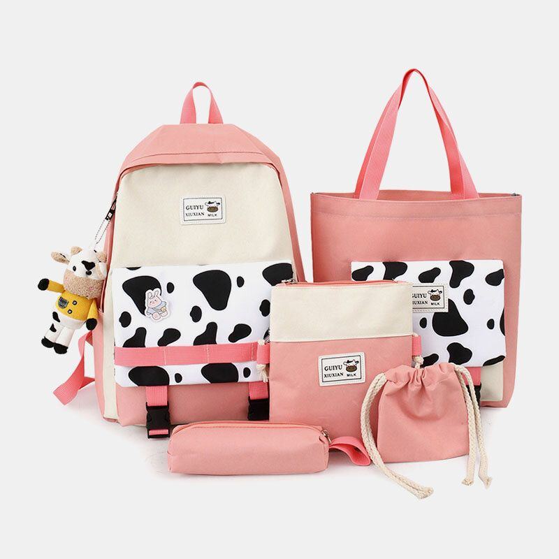 Damen 5 Tlg. Canvas Preppy Cow Pattern Multifunktions Kombinationstasche Rucksack Tragetasche Umhängetasche Clutch Wallet