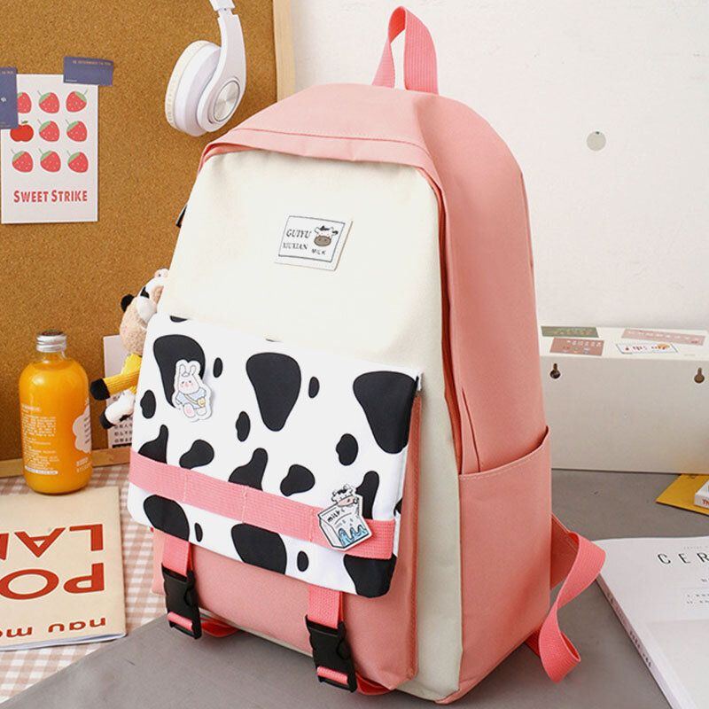 Damen 5 Tlg. Canvas Preppy Cow Pattern Multifunktions Kombinationstasche Rucksack Tragetasche Umhängetasche Clutch Wallet