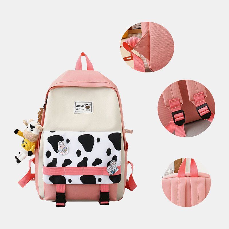 Damen 5 Tlg. Canvas Preppy Cow Pattern Multifunktions Kombinationstasche Rucksack Tragetasche Umhängetasche Clutch Wallet