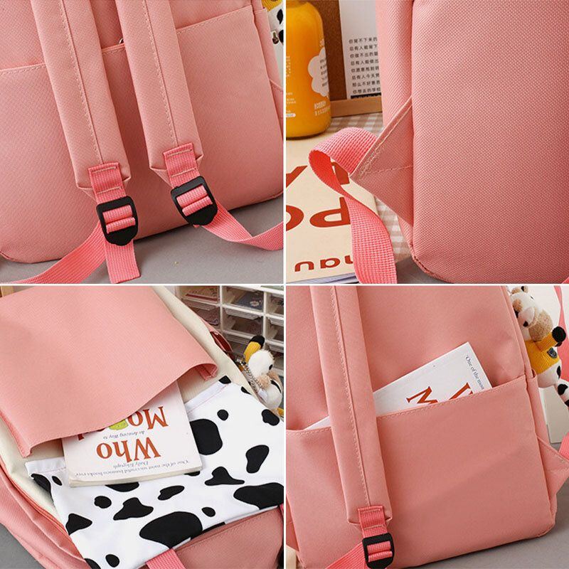 Damen 5 Tlg. Canvas Preppy Cow Pattern Multifunktions Kombinationstasche Rucksack Tragetasche Umhängetasche Clutch Wallet