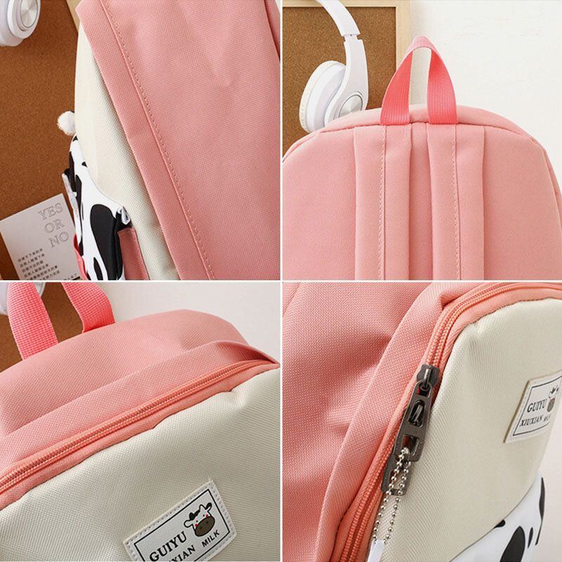 Damen 5 Tlg. Canvas Preppy Cow Pattern Multifunktions Kombinationstasche Rucksack Tragetasche Umhängetasche Clutch Wallet