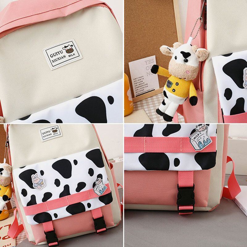 Damen 5 Tlg. Canvas Preppy Cow Pattern Multifunktions Kombinationstasche Rucksack Tragetasche Umhängetasche Clutch Wallet