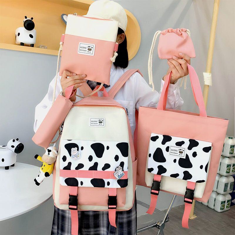 Damen 5 Tlg. Canvas Preppy Cow Pattern Multifunktions Kombinationstasche Rucksack Tragetasche Umhängetasche Clutch Wallet