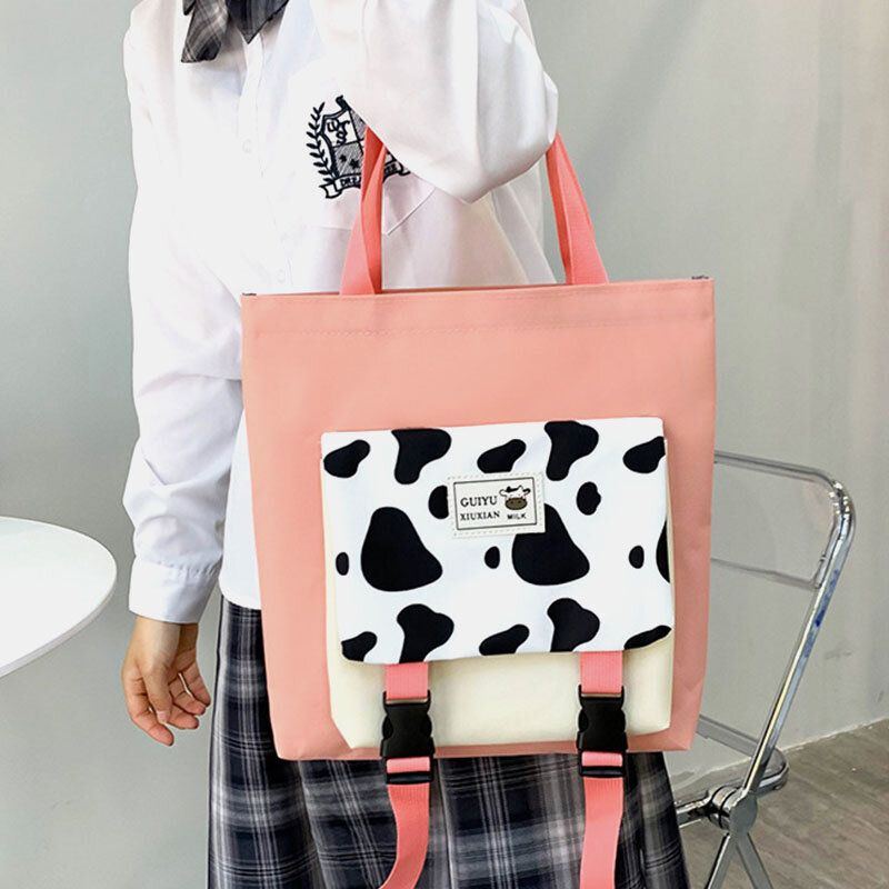 Damen 5 Tlg. Canvas Preppy Cow Pattern Multifunktions Kombinationstasche Rucksack Tragetasche Umhängetasche Clutch Wallet