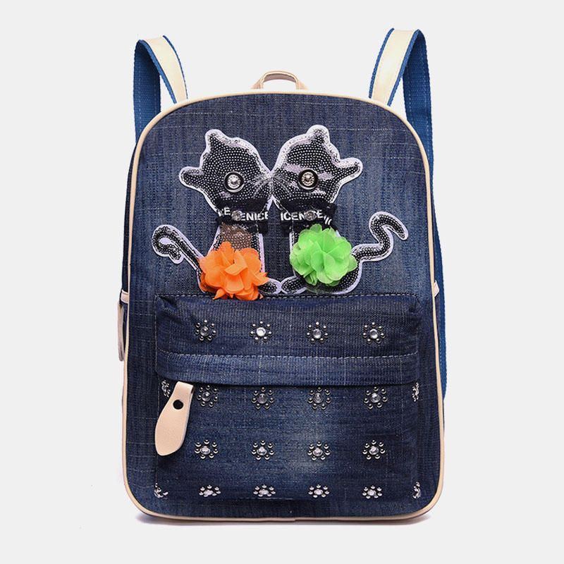 Damen Canvas Cute Cat Print Patchwork Lässiger Rucksack Schultasche