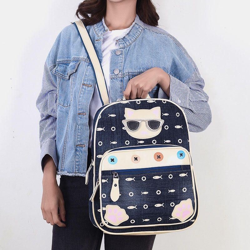 Damen Canvas Cute Cat Print Patchwork Lässiger Rucksack Schultasche