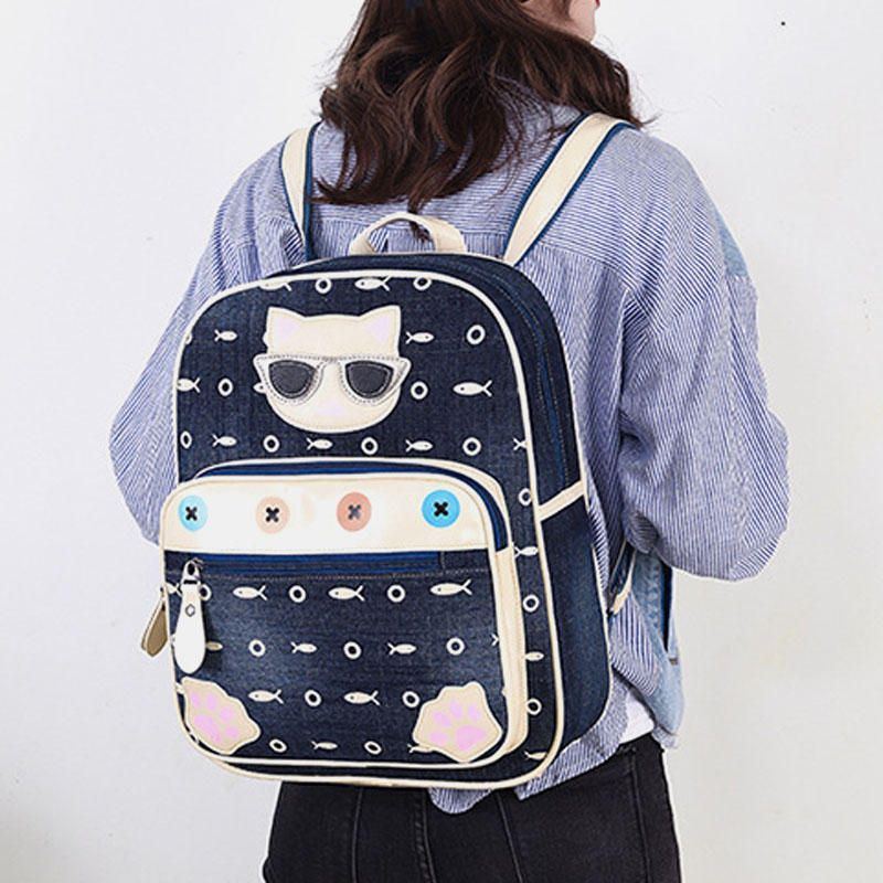 Damen Canvas Cute Cat Print Patchwork Lässiger Rucksack Schultasche